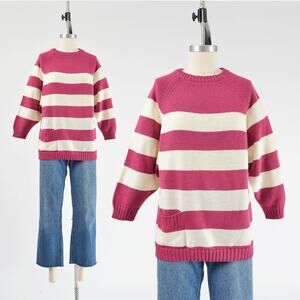 Vintage 80s Striped White Raspberry Acrylic Raglan Sleeve Sweater with Pocket